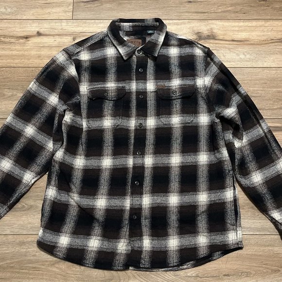 Men's Orvis Button Up Plaid Flannel Shirt LARGE Brown Black Pockets Shacket - Picture 2 of 12